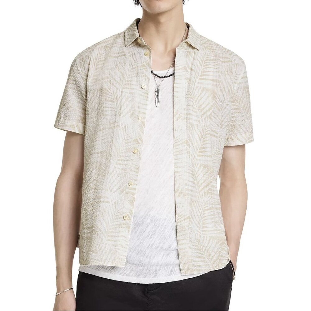 John Varvatos Collection Men's Loren Palm Frond SS Shirt Textured Cotton Brown L